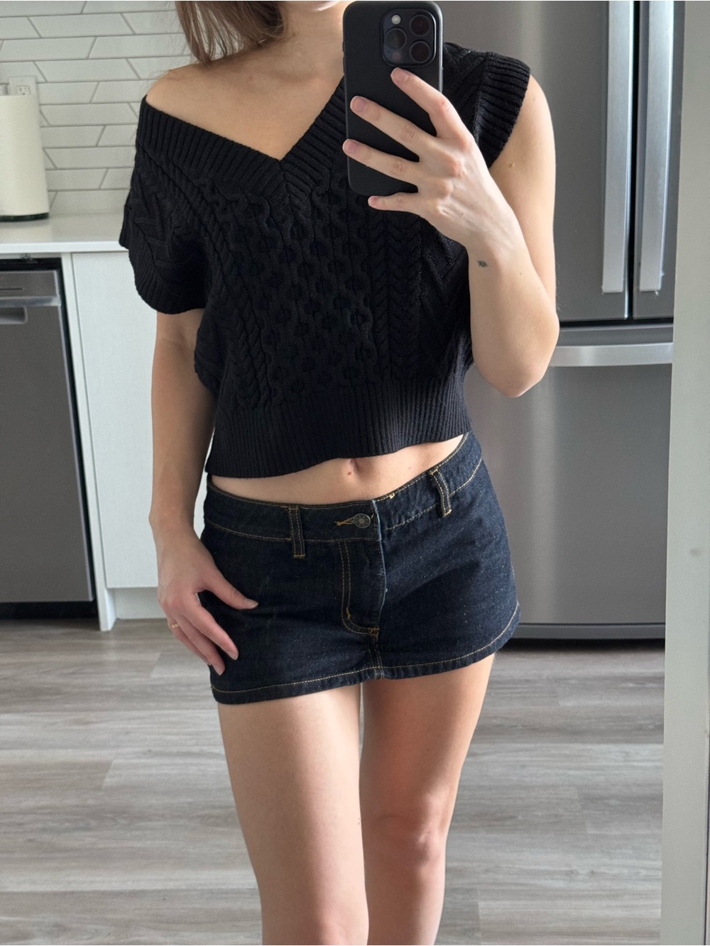 Aritzia Black Off-Shoulder Cable Knit Cropped Sweater